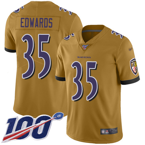 Baltimore Ravens Limited Gold Men Gus Edwards Jersey NFL Football #35 100th Season Inverted Legend